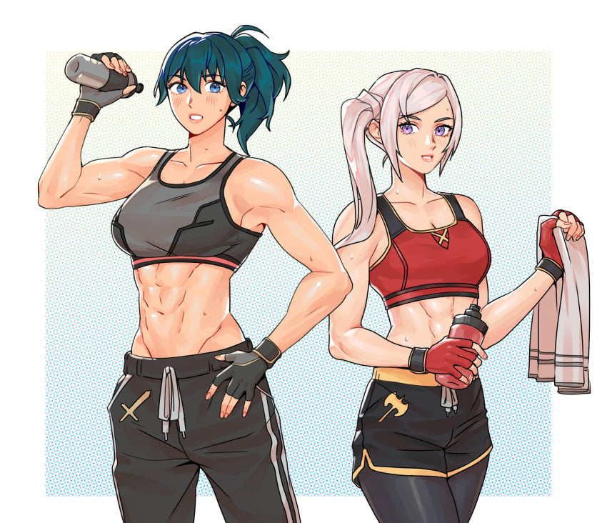 2girls abs adapted_costume alternate_hairstyle athletic_female biceps black_gloves black_pants black_shorts blue_eyes bottle byleth_(fire_emblem) byleth_(fire_emblem)_(female) cleavage edelgard_von_hresvelg female_abs female_focus fingerless_gloves fire_emblem fire_emblem:_three_houses fit_female gloves hand_on_own_hip highres holding holding_bottle medium_breasts multiple_girls navel nintendo pants pantyhose pantyhose_under_shorts ponytail purple_eyes radiostarkiller red_gloves short_shorts shorts side_ponytail silver_hair sports_bra sweat teal_hair track_pants water_bottle