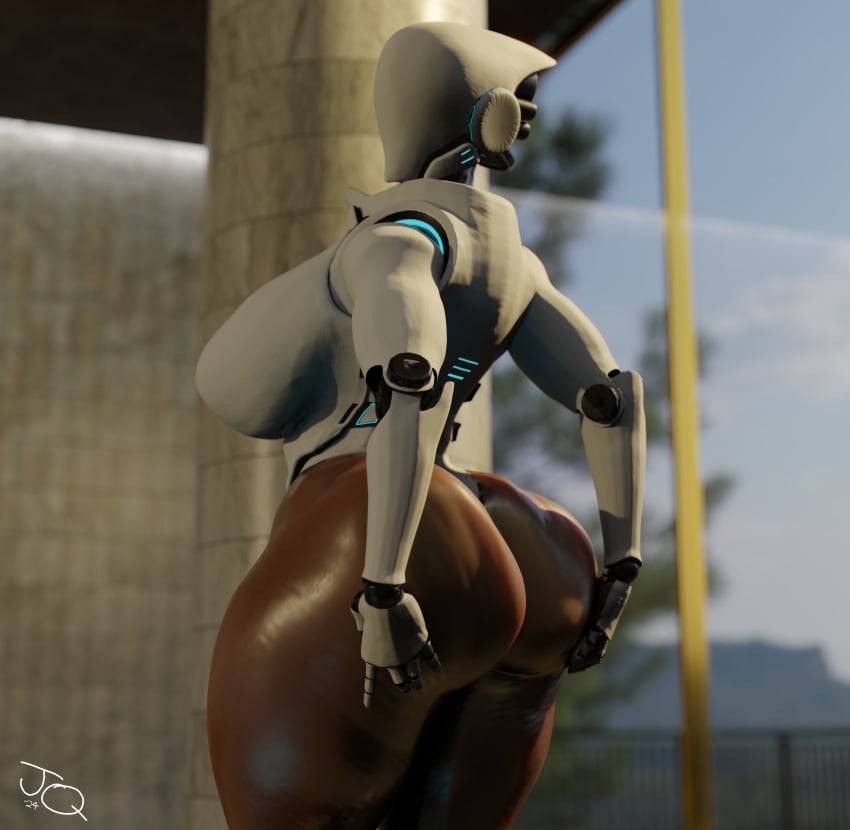 ass ass_focus ass_grab ass_squeeze ass_squish blender blender_(software) breasts breasts_bigger_than_head haydee haydee_(game) jelliqui one-piece_swimsuit pool robot robot_girl robot_humanoid solo solo_female solo_focus tan_body tan_skin window