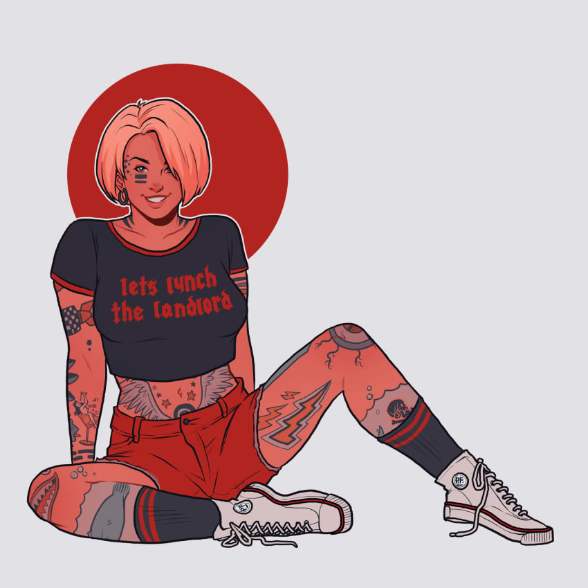 1girls blonde_hair carly_(numitor) crop_top numitor on_floor short_hair shorts sitting smile sneakers solo tattoo