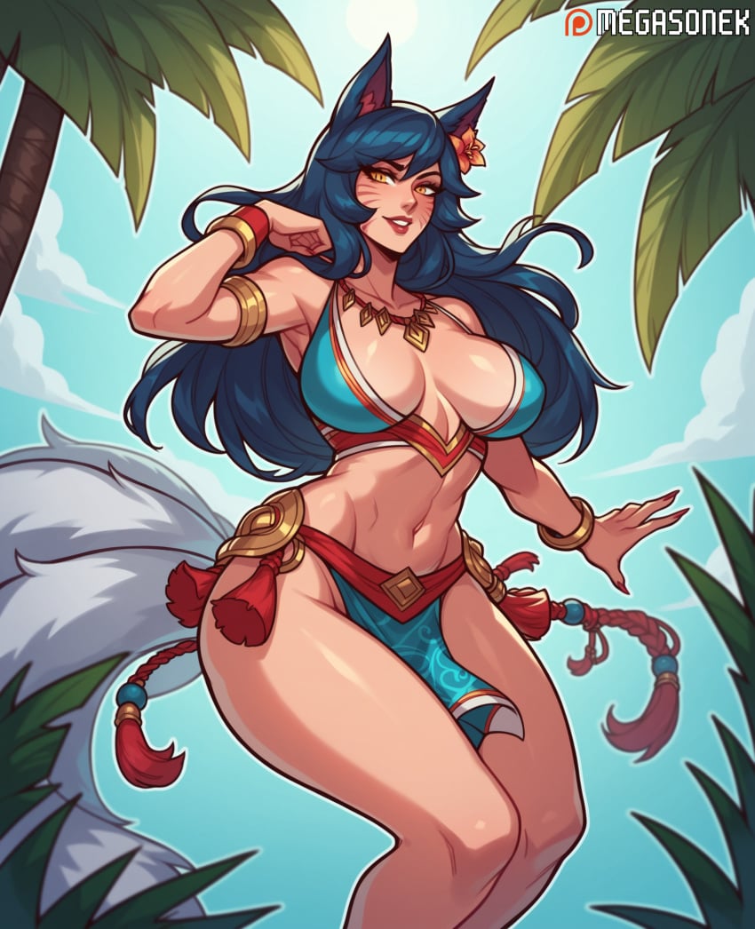 ahri ai_generated animal_ears bangs bare_shoulders black_hair bracelet breasts day facial_mark female flower fox_ears fox_tail hair_flower hair_ornament jewelry large_breasts league_of_legends league_of_legends:_wild_rift long_hair looking_at_viewer megasonek multiple_tails navel necklace orange_eyes outdoors parted_lips patreon_username red_nails riot_games smile solo swimsuit tail teeth tree watermark whisker_markings yellow_eyes