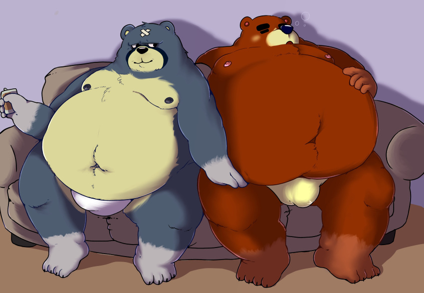 2021 absurd_res animal_crossing anthro belly blush brown_body bulge closed_eyes clothing curt_(animal_crossing) duo hi_res humanoid_hands loafbeaw male male/male male_only mammal moobs navel nintendo nipples obese obese_male overweight overweight_male sitting teddy_(animal_crossing) underwear ursid video_games vtc_lewd