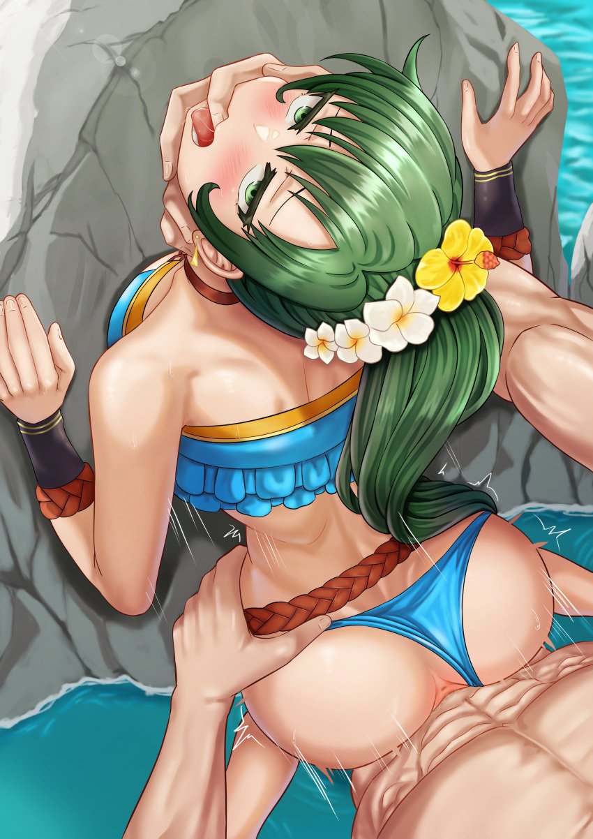 1boy 1girls anus ass big_ass bikini blue_bikini blue_swimsuit blush blushing breasts_pressed_against_wall earrings finger_in_mouth fire_emblem fire_emblem:_the_blazing_blade fire_emblem_heroes flower flower_in_hair from_behind_position green_eyes green_hair hand_on_hip in_water large_breasts looking_at_viewer lyn_(fire_emblem) lyn_(summer)_(fire_emblem) lyndis_(fire_emblem) male_pov nintendo outdoors partially_submerged ponytail pov saikunartworks swimsuit tongue tongue_out vaginal_penetration