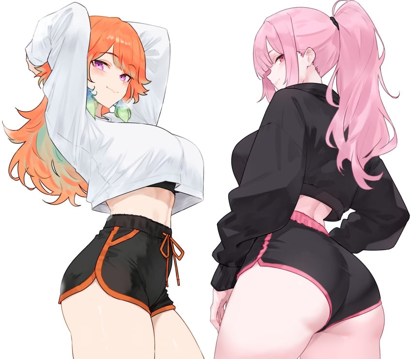 2d 2d_(artwork) 2d_artwork 2females 2girls arms_behind_head arms_up ass ass_focus ass_up bluefield breasts bubble_ass bubble_butt butt_focus cheeks clothed clothed_female clothes clothing dyed-hair dyed_hair ear_ring earrings female_focus female_only hand_on_hip hips hips_wider_than_shoulders hololive hololive_english hololive_japan hoodie large_ass large_breasts large_butt long_hair looking_at_viewer looking_back mori_calliope multicolored_hair orange_hair pale-skinned_female pale_skin pink_hair ponytail purple_eyes red_eyes shirt short_shorts shorts simple_background takanashi_kiara thick_thighs thighs tied_hair tummy very_long_hair white_background wide_hips