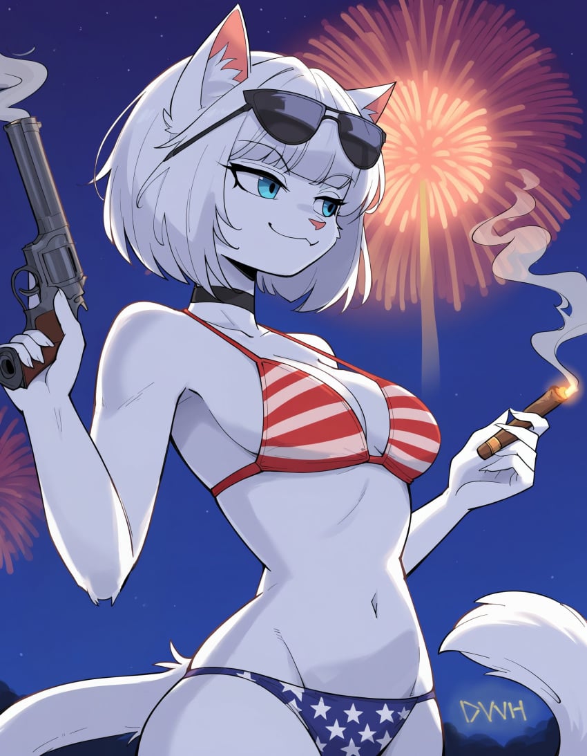 anthro bikini catgirl cigar drawswhenhungry gun original_character tagme white_fur