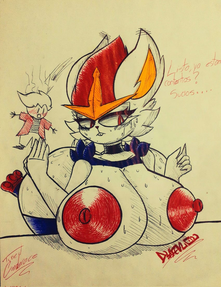 big_breasts breasts cinderace dyablou pokemon pokemon_(species) traditional_art traditional_media_(artwork)