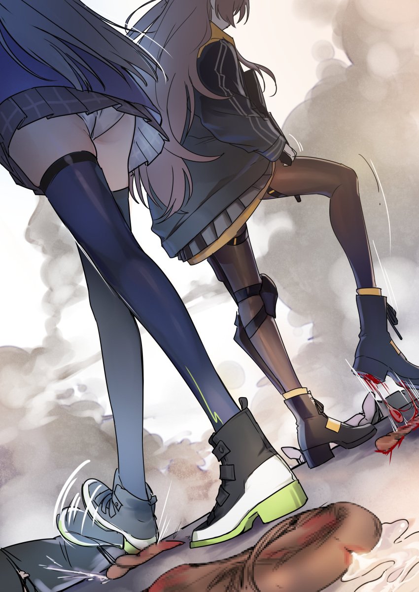 2girls blood castration cbt censored censored_penis disembodied_penis girls'_frontline gun hk416_(girls'_frontline) legwear long_hair long_hair_female mosaic_censoring panties semen shoes skirt stepped_on stepping_on_penis straydogshelter testicles thick_thighs thighs ump45_(girls'_frontline) white_panties