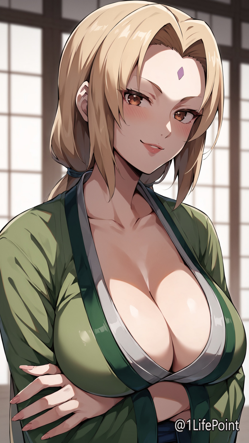 1lifepoint ai_generated arms_under_breasts blonde_hair brown_eyes busty cleavage crossed_arms highres huge_breasts long_fingernails looking_at_viewer mature_female milf naruto naruto_(series) robe tsunade