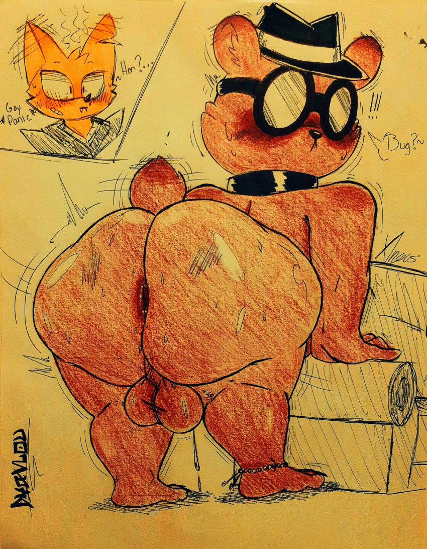 2boys angus_(nitw) ass_focus bear_ears bear_tail big_ass big_butt butt_focus dyablou femboy gregg_(nitw) traditional_drawing_(artwork) traditional_media traditional_media_(artwork)