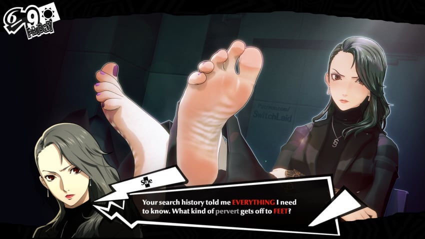 3d atlus feet foot_fetish humiliation persona persona_5 sae_niijima soles switchlaid wrinkled_feet