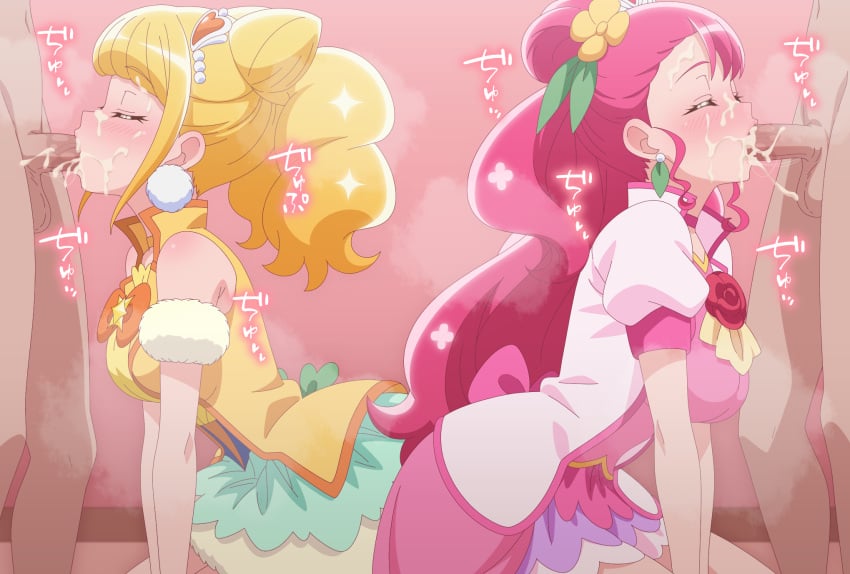 2boys 2girls blonde_hair blush breasts closed_eyes clothed_female_nude_male clothed_sex commentary_request cum cum_in_mouth cum_on_body cure_grace cure_sparkle facial fellatio group_sex hair_ornament hanadera_nodoka healin'_good_precure heart heart_hair_ornament highres hiramitsu_hinata huet-pc jewelry magical_girl multiple_boys multiple_girls nude oral orgy penis pink_hair precure puffy_short_sleeves puffy_sleeves short_sleeves steam straight sweat testicles