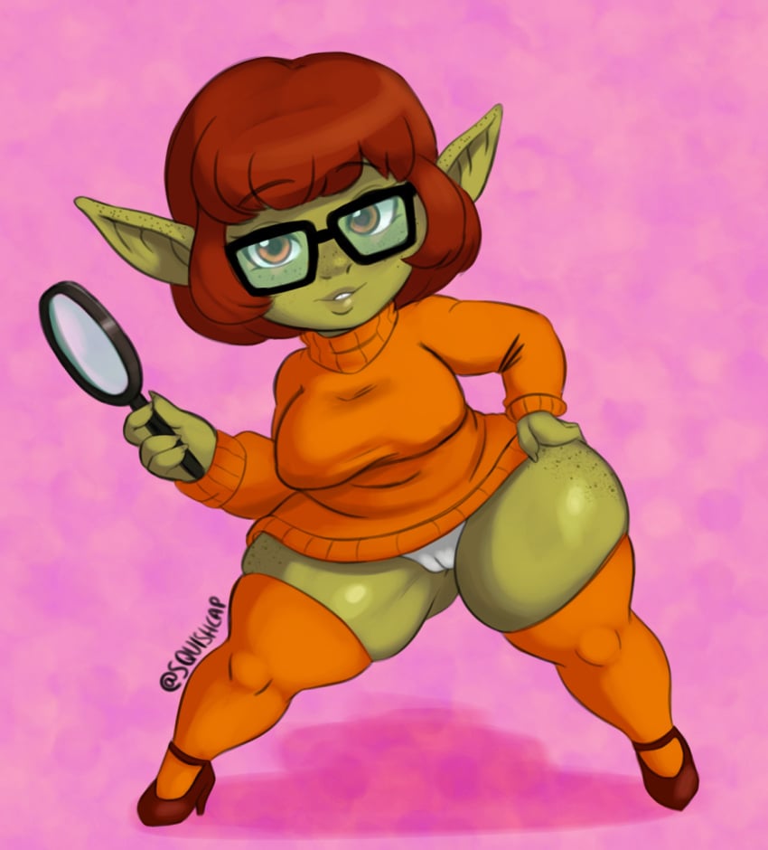 artist_signature brown_eyes brown_hair cameltoe chubby freckles glasses goblin goblin_female heels lips magnifying_glass panties scooby-doo short_hair short_stack shortstack skindentation squishcap_(artist) sweater thick_thighs thighhighs thighs turtleneck turtleneck_sweater velma_dinkley white_panties wide_hips