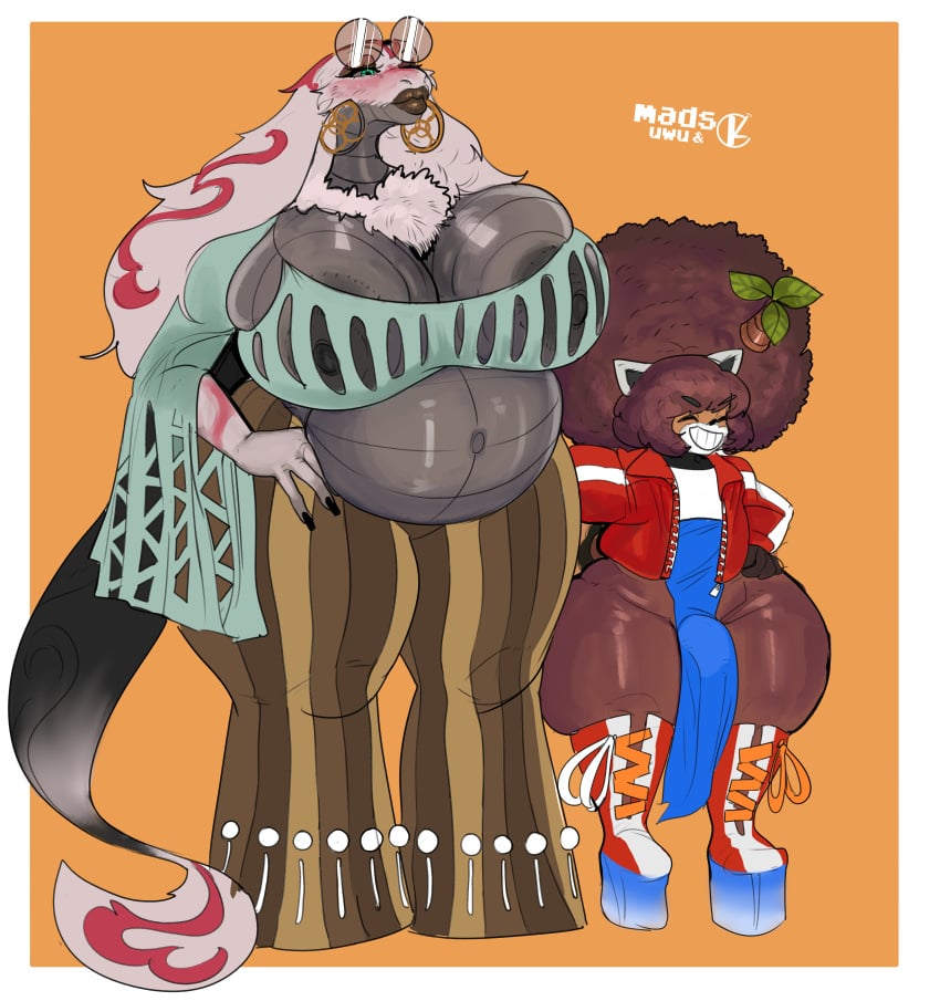 absurd_res afro ailurid annika_(gambaina) anthro boots breasts clothing cobra duo ear_piercing ear_ring eyewear female fluffy footwear fur furred_scalie furred_snake gambaina_(character) hi_res huge_thighs ineffective_clothing jacket jewelry male mammal misahero99 piercing pregnant pregnant_female red_panda reptile ring_piercing scalie shoes simple_background snake sunglasses teapot_(body_type) thick_thighs topwear white_body white_fur wide_hips