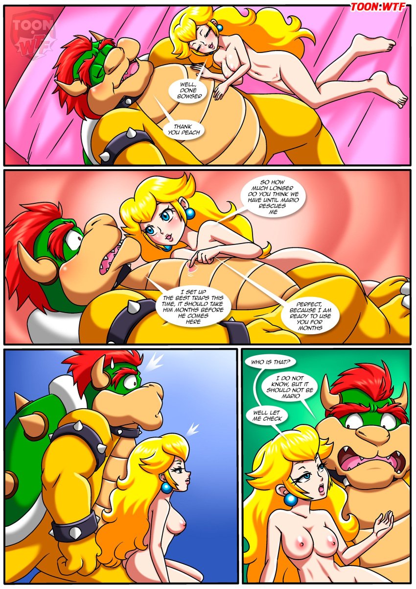 1boy 1girls after_sex anthro ass balls barefoot bbmbbf bed blush bowser breasts comic feet female human male male/female mario_(series) nintendo nipples nude palcomix princess_peach pussy size_difference speech_bubble the_mushroom_kingdom_secret_(comic)