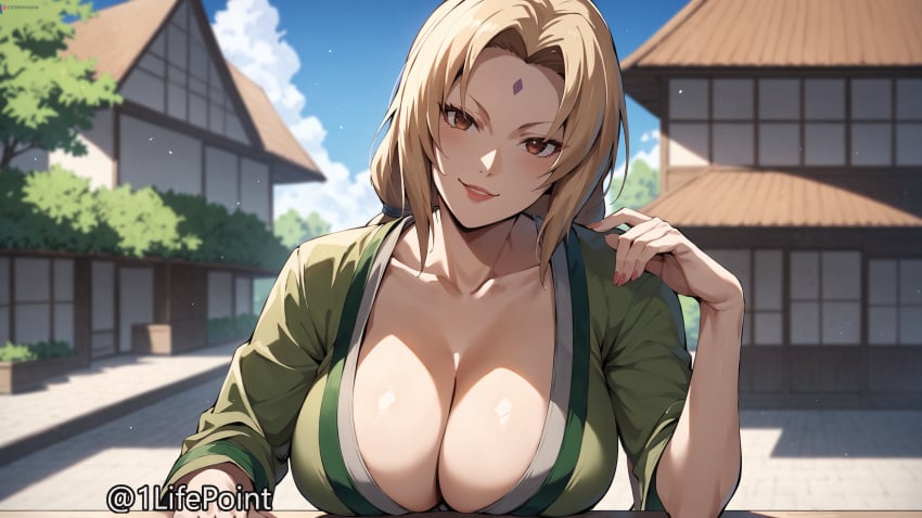 1lifepoint ai_generated blonde_hair brown_eyes cleavage highres huge_breasts looking_at_viewer naruto naruto_(series) smile tsunade wallpaper