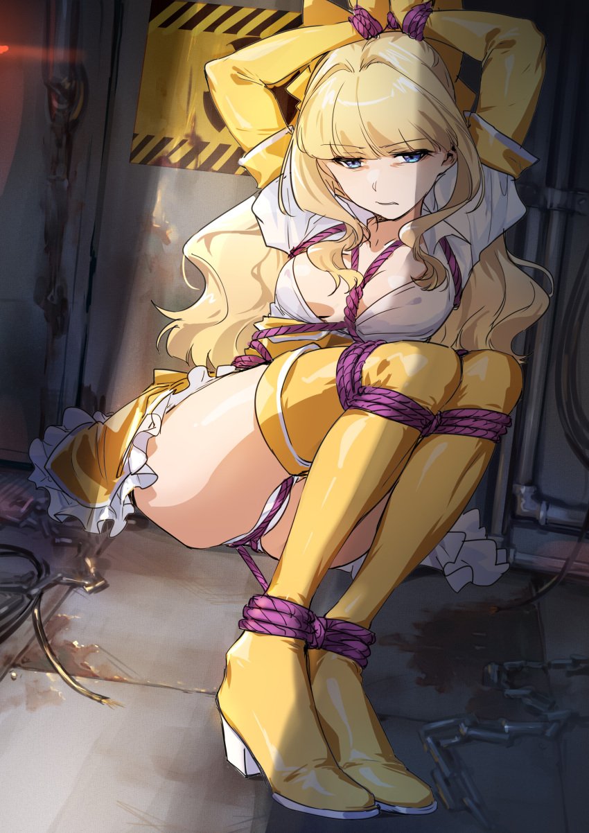 1girls arms_up blonde blonde_female blonde_hair blonde_hair_female blue_eyes blue_eyes_female bondage boobs breasts crotch_rope elbow_gloves eyebrows_visible_through_hair eyelashes_visible_through_hair female high_heel_boots long_hair long_hair_female mahou_shoujo_ni_akogarete panties skirt straydogshelter tenkawa_kaoruko thick_thighs thighs tits white_panties woman yellow_elbow_gloves yellow_skirt