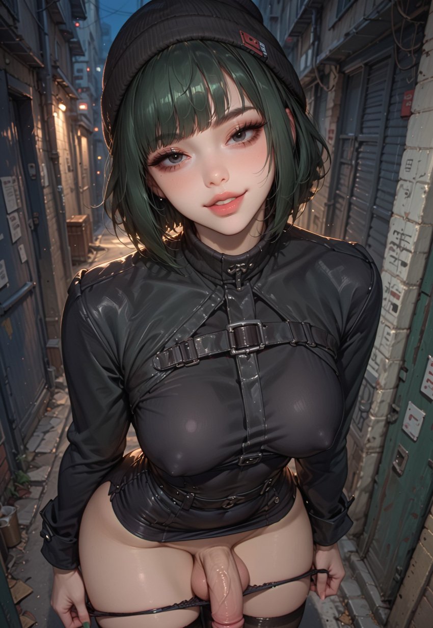 1futa 2d ai_generated alley alleyway balls bangs beanie belt big_breasts big_penis black_legwear black_panties blush bob_cut breasts flaccid futanari green_hair grey_eyes grin hat head_tilt large_breasts leaning_forward long_sleeves looking_at_viewer narrowed_eyes night nipple_bulge original original_character outdoors panties panties_down panty_pull parted_lips penis pulling_panties santopati self_upload short_hair slanted_eyes smile solo testicles thighhighs uncensored underwear undressing