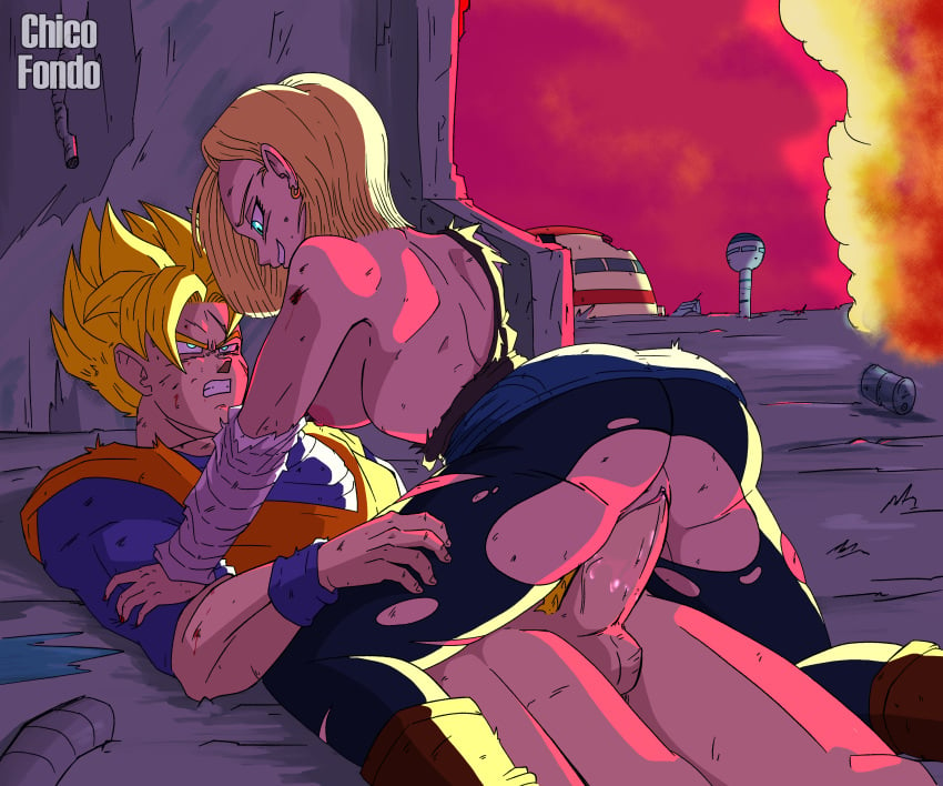 android_18 blonde_eyebrows blonde_female blonde_hair blonde_pubic_hair chicofondo cowgirl_position dragon_ball dragon_ball_z future future_android_18 future_gohan leggings penetration ripped_clothing ripped_leggings smiley_face son_gohan super_saiyan tired tired_expression