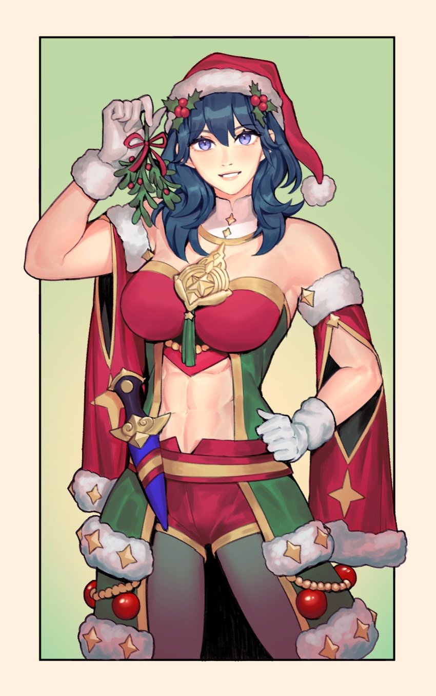 1girls abs blue_eyes byleth_(female)_(fire_emblem) byleth_(female)_(frosty_professor)_(fire_emblem) byleth_(fire_emblem) cape christmas doll fire_emblem fire_emblem:_three_houses fire_emblem_heroes fur-trimmed_cape fur-trimmed_headwear fur_trim green_cape hair_ornament hat hat_ornament highres holding holding_doll holly_hair_ornament holly_hat_ornament mistletoe_hair_ornament nintendo official_alternate_costume radiostarkiller red_cape santa_costume santa_hat smile solo teal_hair toned toned_female