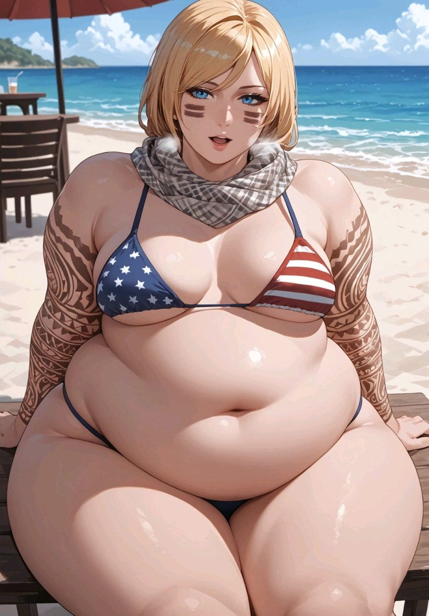 ai_generated american_flag_bikini ben03020 blue_eyes chubby_female obese_female rainbow_six_siege tattoo valkyrie_(rainbow_six)