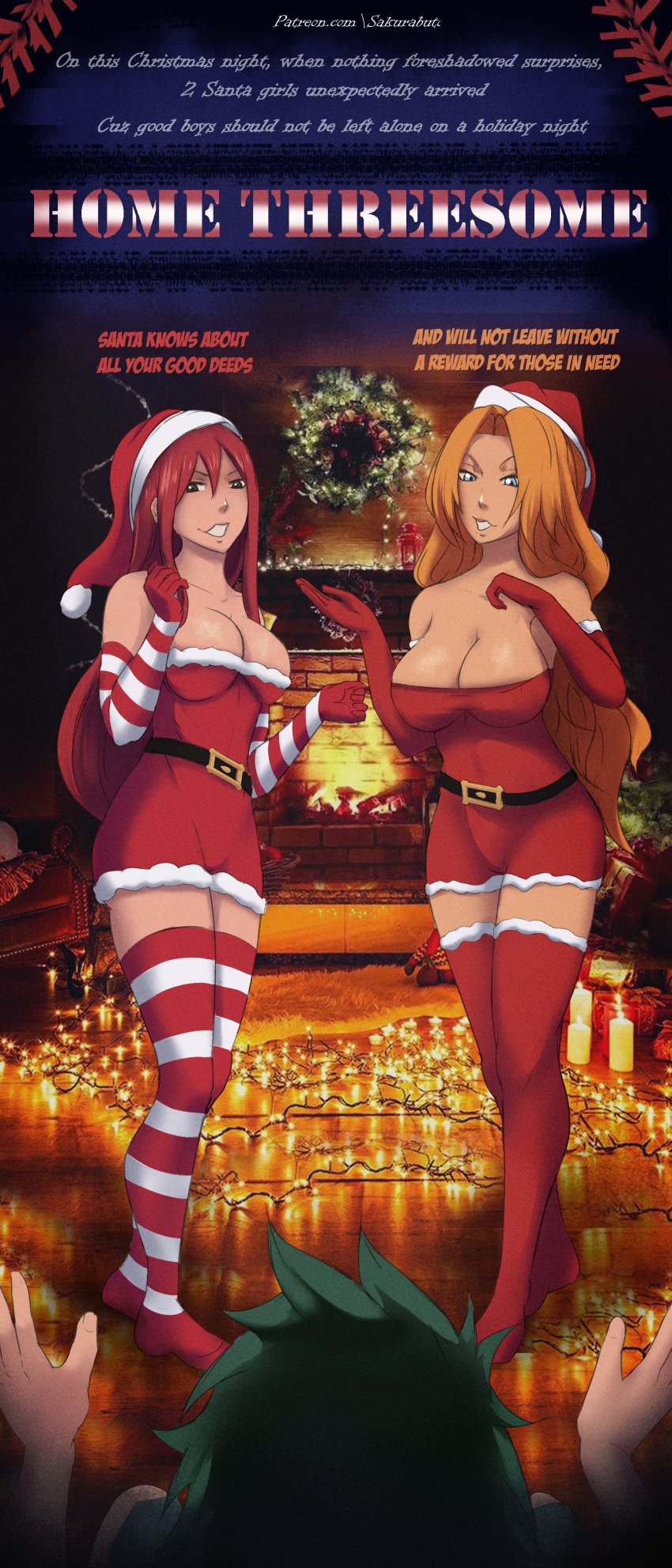 2girls1boy big_breasts bleach blue_eyes breasts christmas christmas_clothing christmas_hat christmas_outfit cover_page dialogue erza_scarlet fairy_tail izuku_midoriya matsumoto_rangiku my_hero_academia orange_hair red_hair sakurabuto seductive text