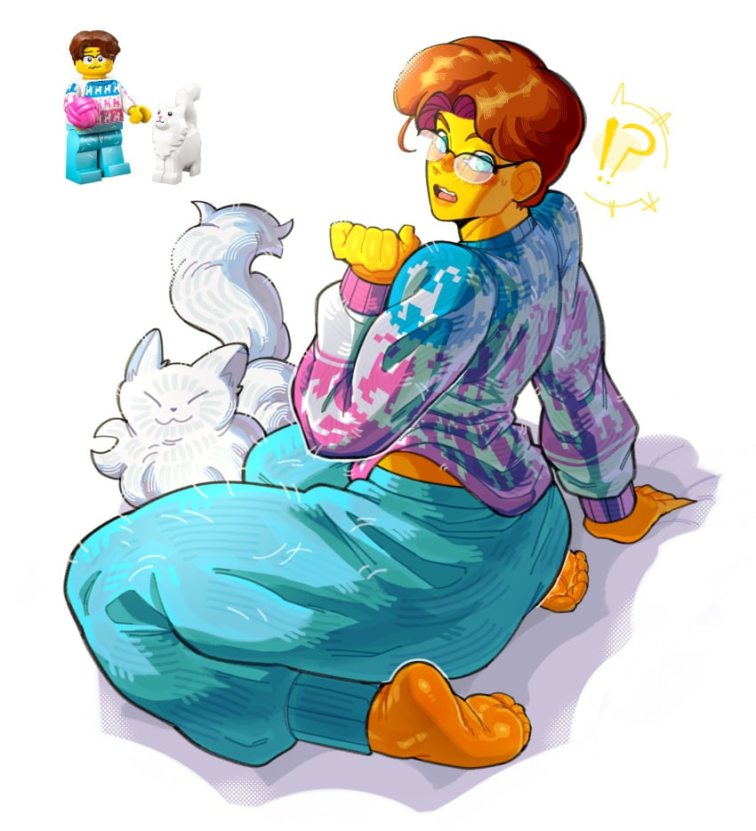 1boy ass big_thighs blue_eyes blush brown_hair cat feet glasses jumper lego lego_twink pretty_boy sitting_on_floor sitting_on_legs surprised tagme twink verski7 yellow_skin