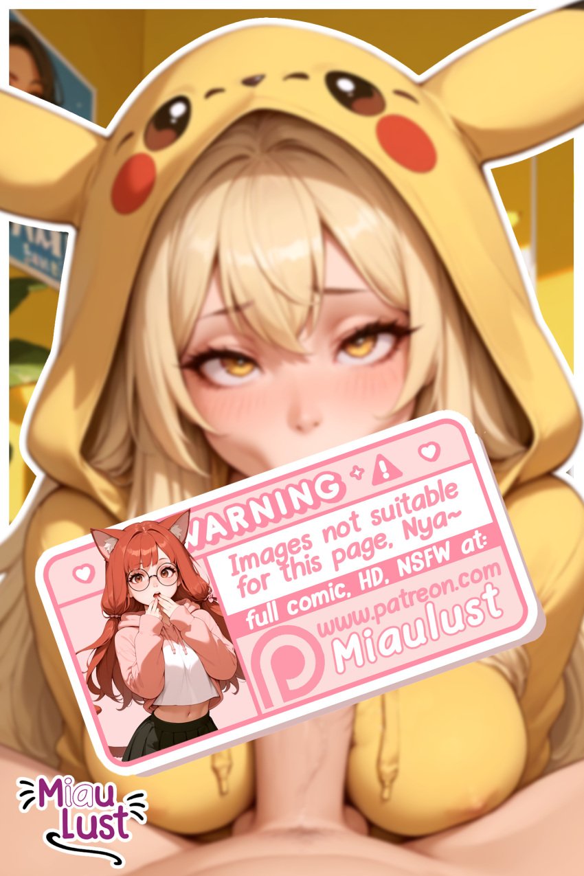 ai_generated blonde_hair comic comic_page cosplay cosplay_pikachu cosplay_pikachu_(costume) miaulust pikachu pikachu_(cosplay) pikachu_ears pokeball pokegirl pokegirl_as_pokemon pokemon pokemon_(species) rule34 yellow_hair