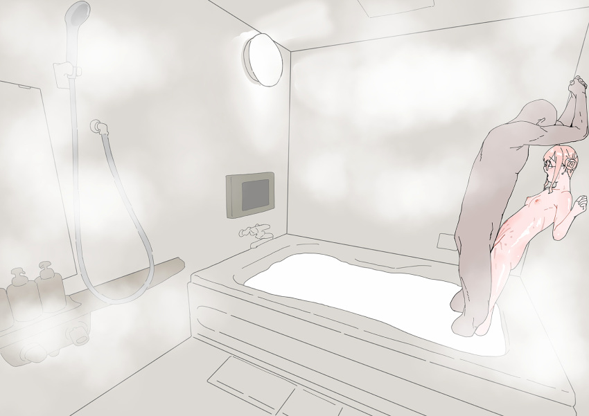 1boy 1girls against_wall ahoge bathroom bathtub breasts completely_nude faceless faceless_male female fixed-point_camera glasses hair_bun highres indoors kantai_collection makigumo_(kantai_collection) male male/female nipples nude ojipon open_mouth pink_hair sex shower_head small_breasts standing standing_missionary standing_sex steam straight wet