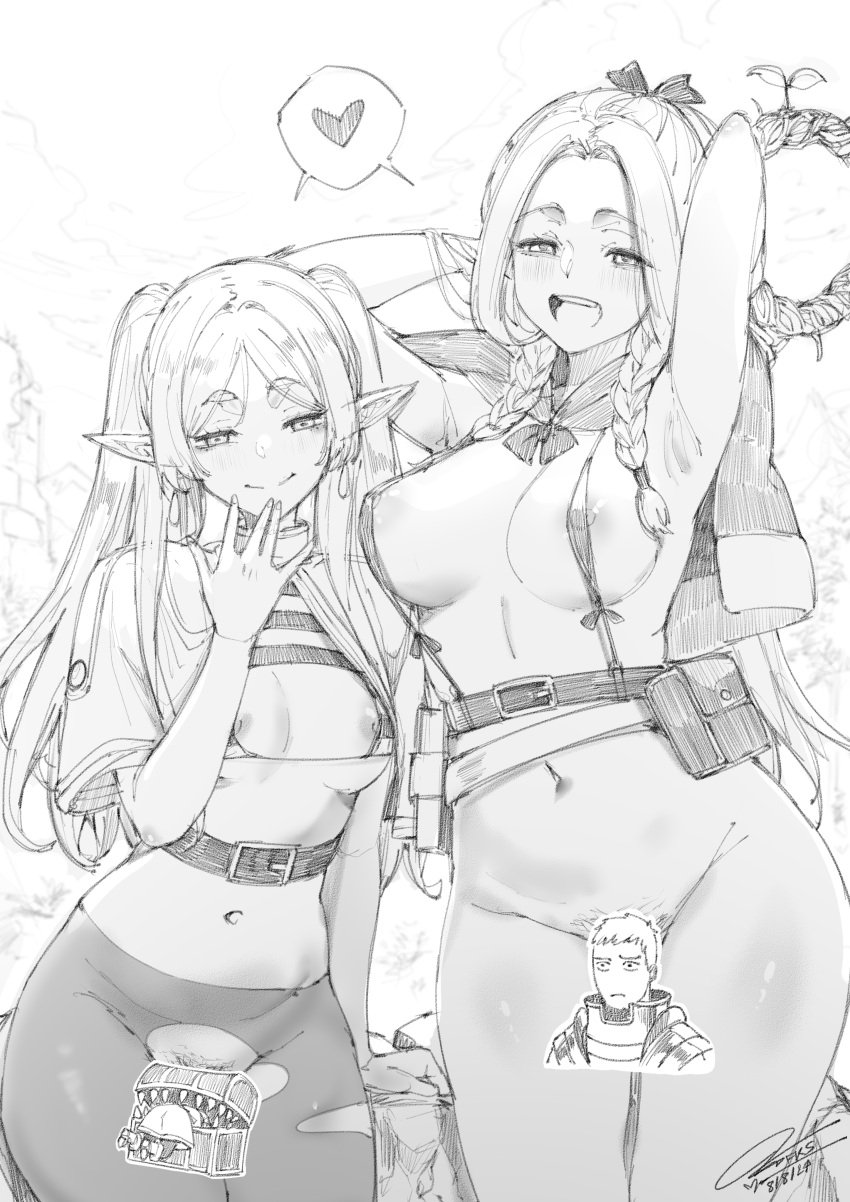 2girls absurdres alternate_breast_size ambrosia_(dungeon_meshi) armpits arms_behind_head arms_up belt belt_buckle belt_pouch big_breasts blush bottomless braid braided_sidelock breast_grab breasts breasts_out buckle capelet censored character_censor commentary cowboy_shot crossover crotch_cutout dated dungeon_meshi elf elf_ears elf_female elf_girl female_pubic_hair fkscrashing frieren frieren_beyond_journey's_end frieren_stuck_in_a_mimic_(meme) greyscale groin hand_in_own_hair heart height_difference highres holding holding_behind_back holding_staff laios_touden large_breasts long_hair looking_at_viewer magic_user magical_girl marcille_donato medium_breasts meme mimic mimic_chest monochrome multiple_girls naked naked_female navel nipples no_bra no_panties novelty_censor nude nude_female paid_reward_available pantyhose patreon_logo patreon_username pointy_ears posing posing_for_picture posing_for_the_viewer pouch pubic_hair pussy_hair shared_speech_bubble signature small_breasts sousou_no_frieren species_connection speech_bubble spoken_heart staff standing stomach torn_clothes torn_pantyhose treasure_chest twintails web_address yuri