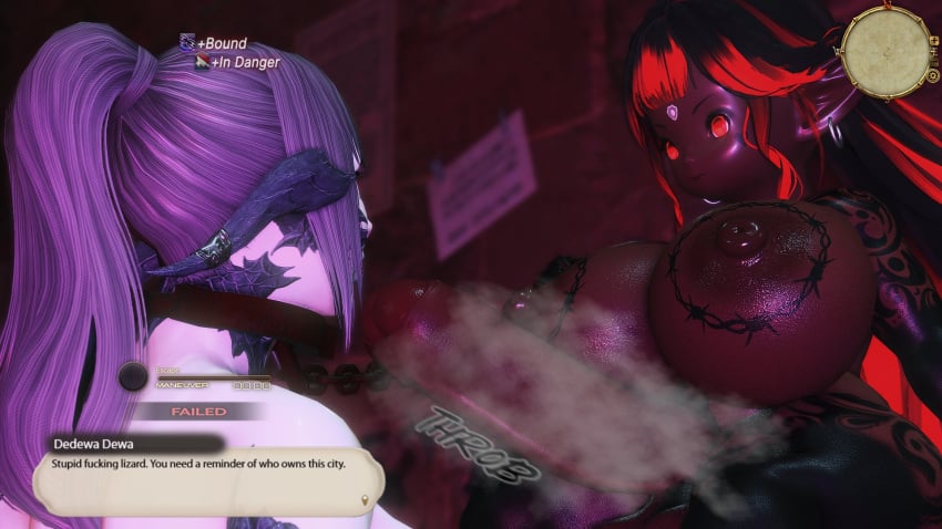 3d au_ra black_hair collar_ final_fantasy final_fantasy_xiv futanari game_ui huge_breasts huge_cock imminent_oral imminent_rape lalafell musk_clouds pink_hair small_dom_big_sub tattoo