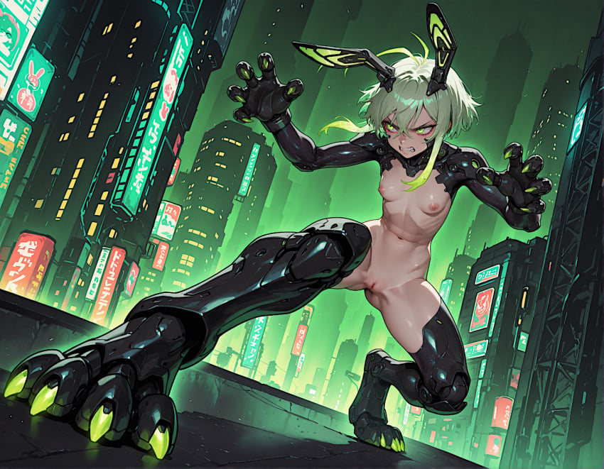 ai_generated angry angry_face breasts cool_free_ringtones cybernetic_arm cybernetic_legs cybernetic_limb cybernetics cyberpunk female fighting_pose floppy_ears grappling green_hair nude pussy rabbit_ears rabbit_girl rabbit_suit skinny small_breasts