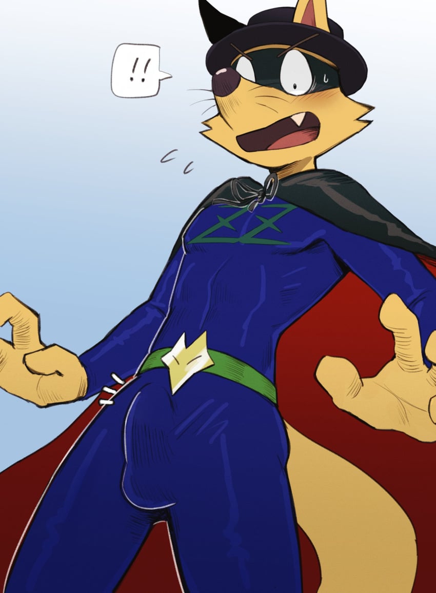 ! anthro bulge canid canine cape clothing fox genital_outline hat headgear headwear hi_res k0bit0wani kaiketsu_zorori male mammal penis_outline solo superhero zorori