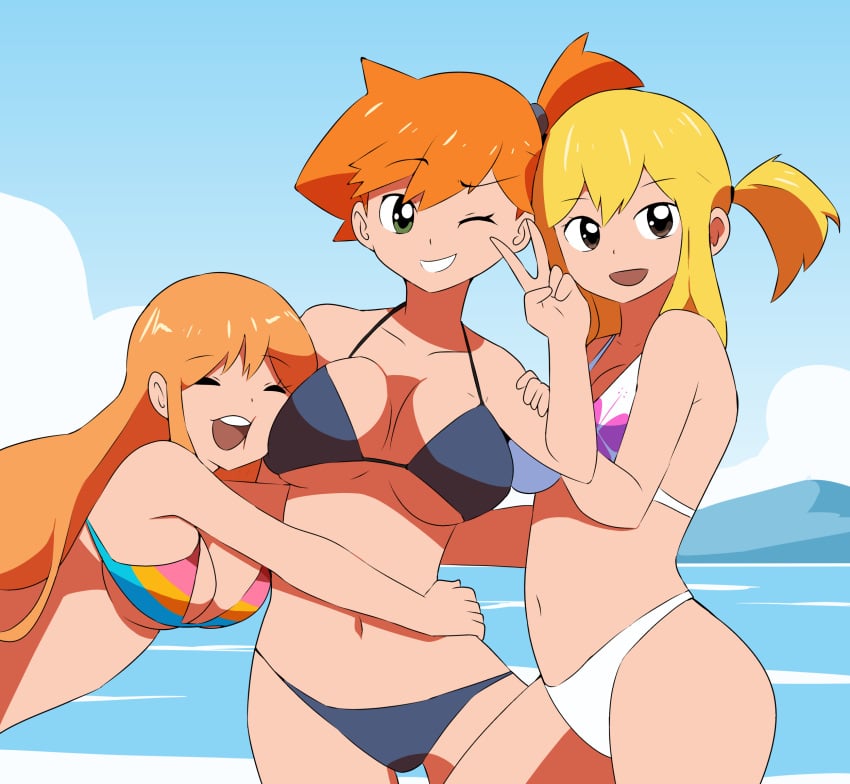 3girls :d asymmetrical_hair beach bikini black_bikini blonde_hair blue_bikini blue_sky blush breasts brown_eyes cleavage clothing cloud cowboy_shot creatures_(company) crossover day fairy_tail female female_focus female_only game_freak green_eyes grin hair_tie highres hug huge_breasts kasumi_(pokemon) large_breasts lirudraw long_hair looking_at_viewer lucy_heartfilia medium_breasts multicolored_bikini multicolored_clothes multicolored_swimsuit multiple_girls nami_(one_piece) navel nintendo ocean one_eye_closed one_piece one_side_up open_mouth orange_hair outdoors pokemon pokemon_(anime) pokemon_(classic_anime) pokemon_rgby ponytail short_hair side_ponytail sky smile striped_bikini striped_clothes swimsuit teeth thighs trait_connection underboob upper_teeth_only v water white_bikini wink