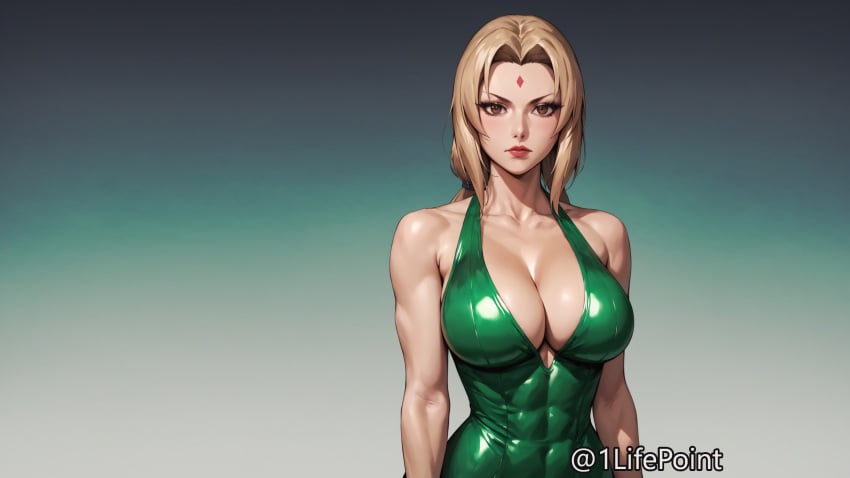 1lifepoint abs ai_generated blonde_hair brown_eyes cleavage dress highres huge_breasts latex lipstick looking_at_viewer mature_female milf naruto naruto_(series) tight_clothing tight_dress toned toned_female tsunade wallpaper