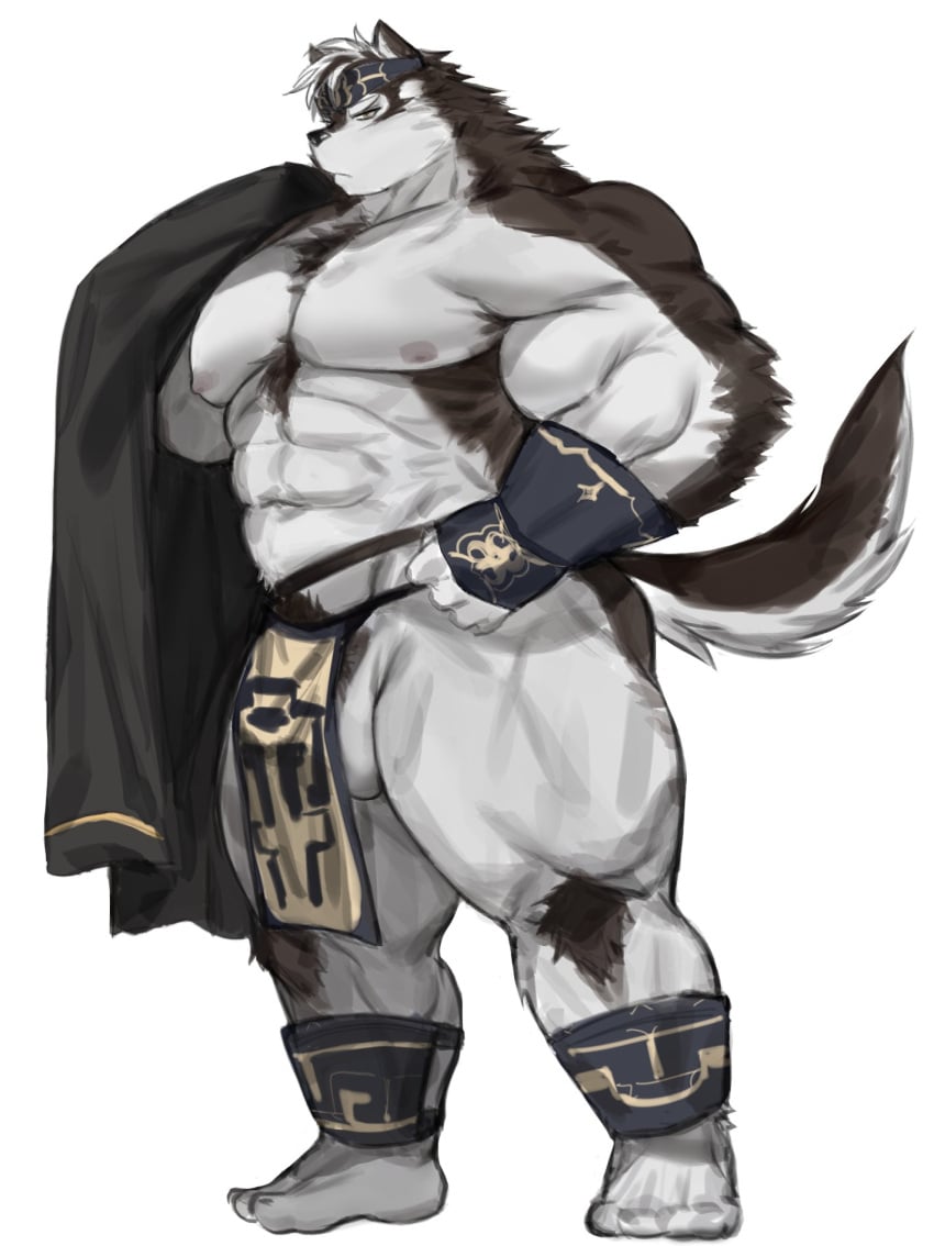 abs accessory anthro balls biceps bottomwear canid canine canis clothing fur genitals grey_body grey_fur headband hi_res horkeu_kamui_(tas) khunowen3 lifewonders loincloth male mammal muscular muscular_anthro muscular_male nipples pecs solo tokyo_afterschool_summoners wolf