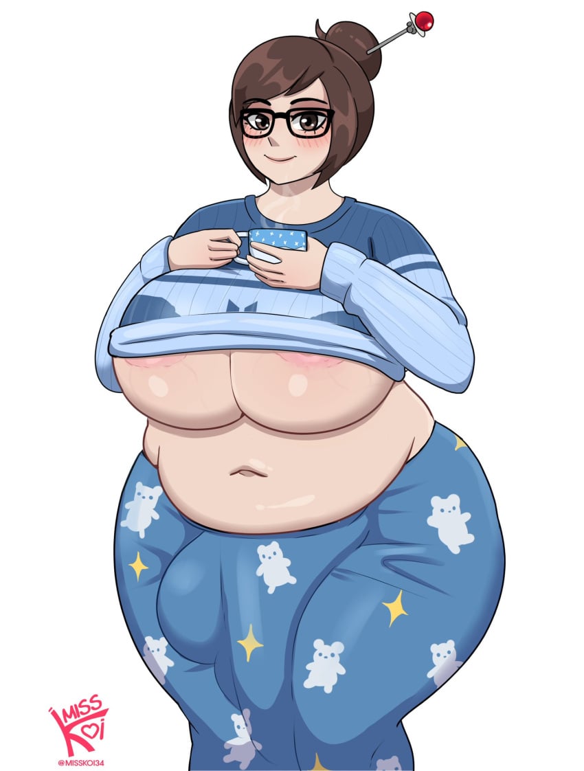 bare_belly big_ass big_balls big_breasts big_penis brown_eyes brown_hair bulge bulge_through_clothing bulge_under_clothes chubby chubby_female cock_bulge comfy commission commissioner_upload futa_only futanari glasses hair_ornament hair_pin hairpin hot_chocolate huge_balls huge_cock mei_(overwatch) misskoi nipple_slip overwatch overwatch_2 pajama_pants pajamas sweater sweater_lift underboob wide_hips winter_clothes