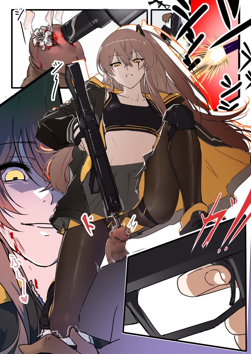 1boy 1girls bare_belly bare_stomach blood blood_on_face brown_hair brown_hair_female cbt censored censored_penis eyebrows_visible_through_hair eyelashes_visible_through_hair eyes_visible_through_hair female girls'_frontline gun hair_between_eyes long_hair long_hair_female mosaic_censoring pantyhose shoes skirt straydogshelter thick_thighs thighs ump45_(girls'_frontline) woman