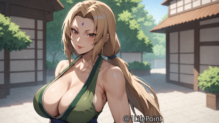 1lifepoint ai_generated bare_shoulders blonde_hair brown_eyes busty cleavage halterneck highres huge_breasts looking_at_viewer mature_female milf naruto naruto_(series) patreon tsunade wallpaper