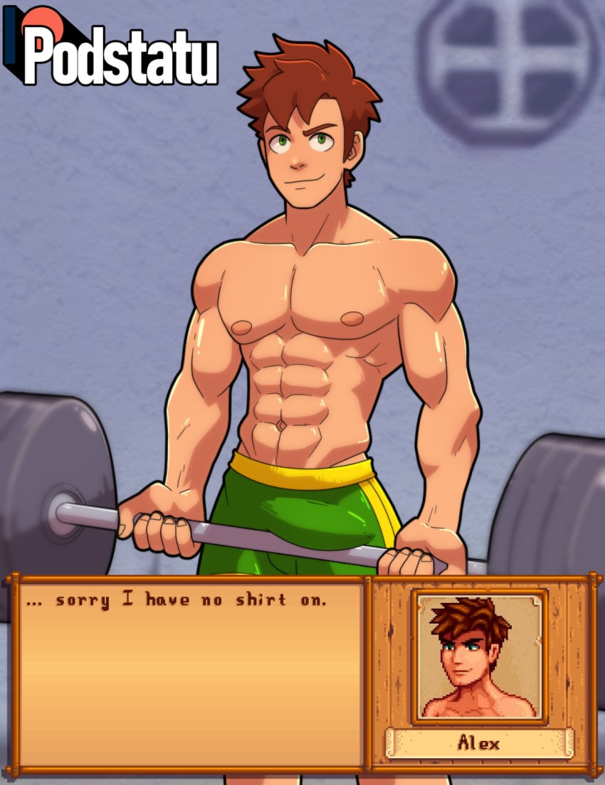 alex_mullner brown_hair bulge bulge_frottage bulge_under_clothes confident dumbbell gameplay_mechanics green_eyes grin gym gym_shorts lifting looking_at_viewer male male_only muscular muscular_male podstatu public_exposure public_indecency shameless shorts shorts_only smiling smiling_at_viewer spa stardew_valley teasing teasing_viewer working_out workout