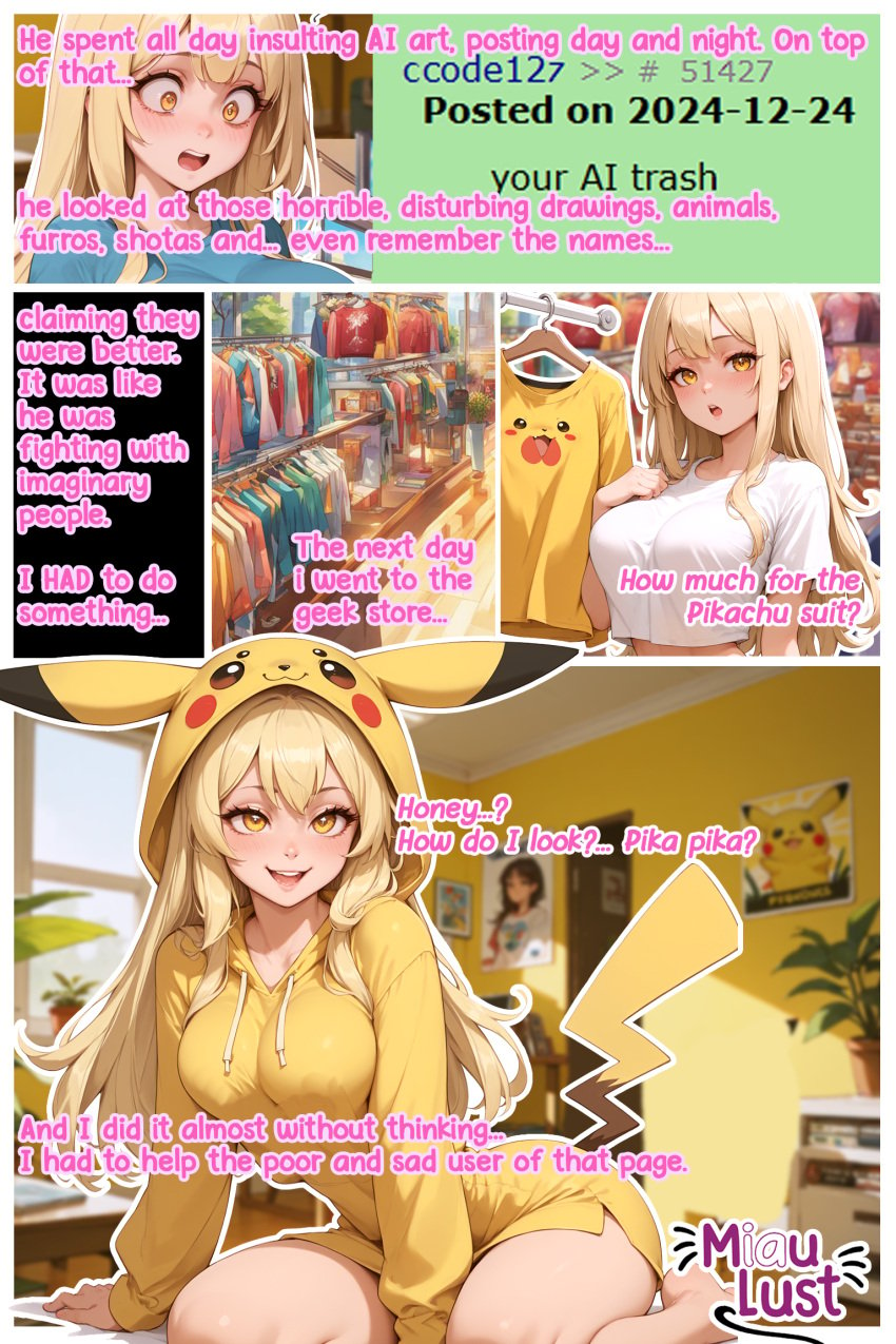 ai_generated blonde_hair comic comic_page cosplay cosplay_pikachu cosplay_pikachu_(costume) miaulust pikachu pikachu_(cosplay) pikachu_ears pokeball pokegirl pokegirl_as_pokemon pokemon pokemon_(species) rule34 yellow_hair