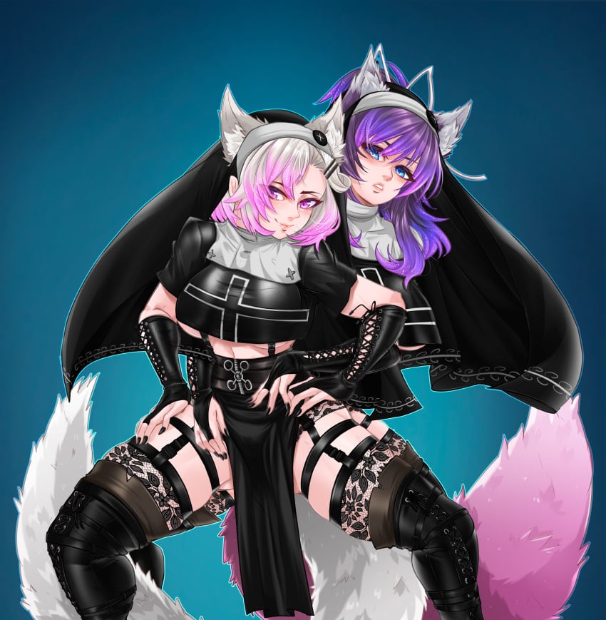 acevrc black_nails blue_eyes fox_ears fox_girl fox_tail frown loincloth lonewolf_(vtuber) medium_breasts meme_reference no_nut_november nun's_habit nun_outfit pink_eyes pink_fur pink_streak ponytail purple_hair shiroart smile thick_thighs thigh_high_boots thigh_highs thigh_strap virtual_youtuber vtuber white_fur white_hair