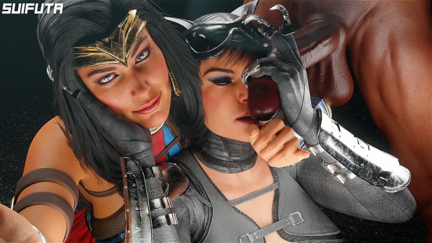 1boy 1boy2girls 2girls 3d 3d_(artwork) blacked catwoman catwoman_(injustice) cock_on_face cock_worship dc dc_comics diana_prince holding_penis injustice_2 netherrealm_studios qos raceplay suifuta wonder_woman wonder_woman_(injustice) worship