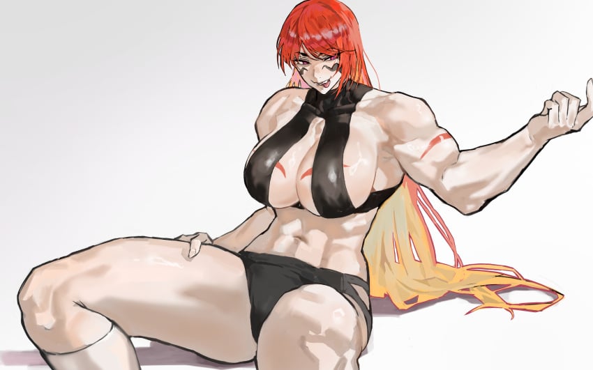 1girls absurd_res breasts cleavage fuma_kotaro_(tenkaichi) hi_res large_breasts muscular muscular_female orange_hair park_ongjol sideboob simple_background sitting solo tenkaichi_nihon_saikyou_bugeisha_ketteisen thick_thighs tongue_out two_tone_hair white_background yellow_hair