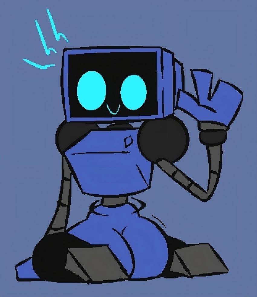 1girls ai_upscaled ass blue_background blue_eyes blue_theme female full_body humanoid_robot looking_at_viewer no_humans robot robot_girl screen_face simple_background sitting smile solo teevee_(vannortt) teevee_(wobblort) upscaled v vannortt waving wobblort