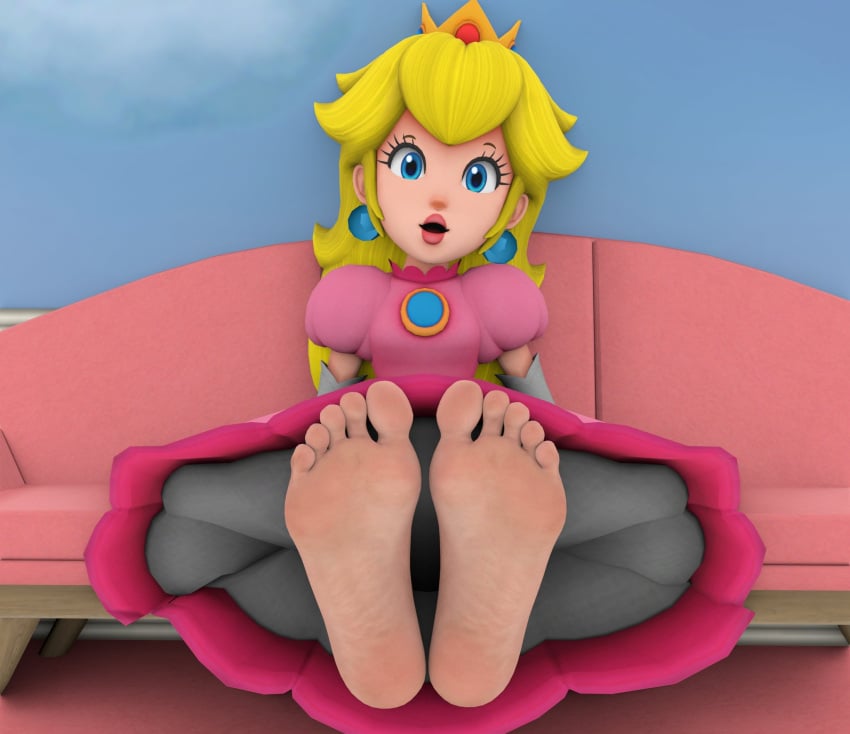 1girls 3d 3d_(artwork) barefoot blonde_female blonde_hair blonde_hair blonde_hair_female blue_eyes crown earrings feet female female female_focus female_only foot_fetish foot_focus foot_play foot_tease footfetishrenders light-skinned_female light_skin lips lipstick mario_(series) mario_bros nintendo open_mouth pink_dress pink_lips pink_lipstick princess princess_peach solo solo_female suprised suprised_expression suprised_eyes suprised_look toes