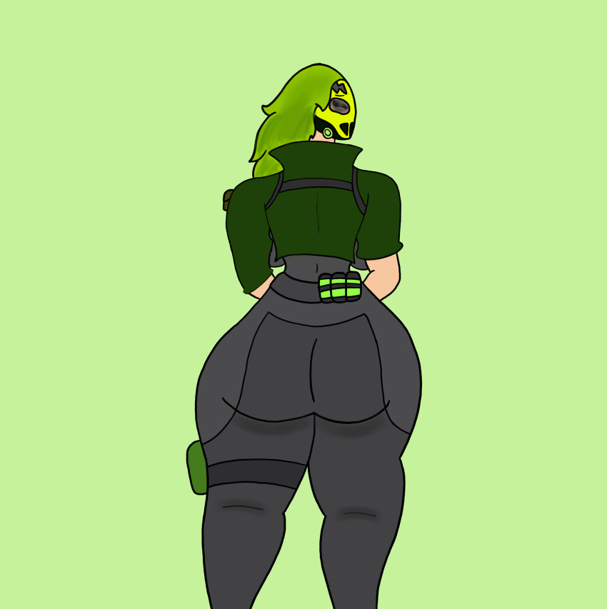 1girls ass_focus back_view big_ass big_breasts epic_games fortnite green_background green_hair green_theme mask solo solo_female thick_thighs tight_pants toxin_(fortnite)