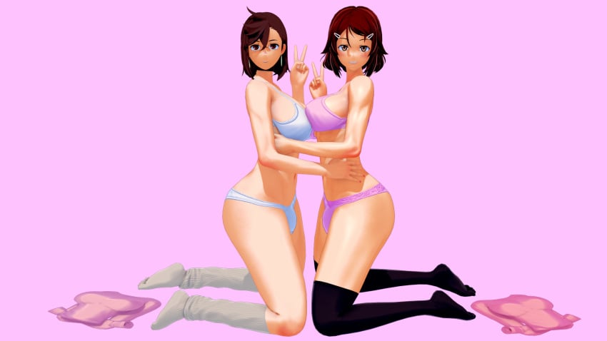 2futas 3d ayase_momo big_breasts bra brown_hair bulge bulge_in_panties dandadan dickgirl earrings futanari hairpin koikatsu large_breasts lisbeth looking_at_viewer lovac22 panties peace_sign self_upload shemale shinozaki_rika short_hair sword_art_online