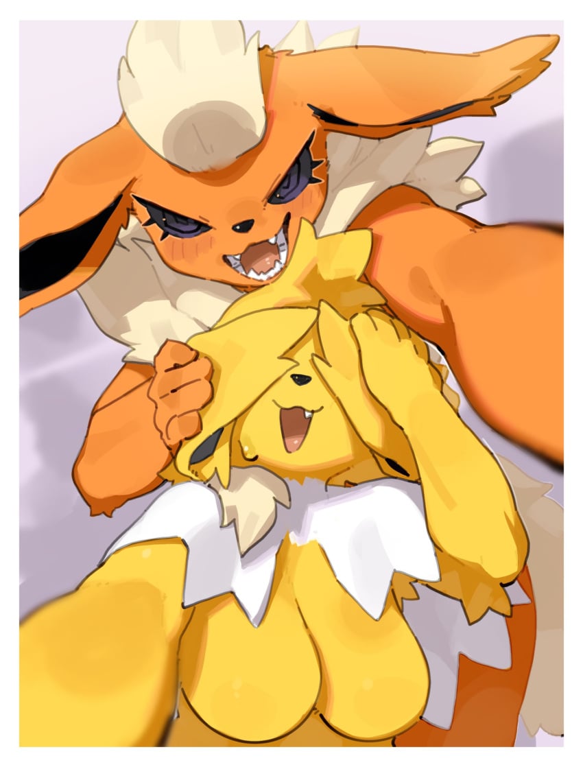 2025 2girls 5_fingers anthro blush border breasts digital_media_(artwork) duo eeveelution eyes_covered featureless_breasts female fingers flareon front_view fur generation_1_pokemon hi_res jolteon kame_3 looking_at_viewer neck_tuft nintendo nude nude_anthro nude_female open_mouth orange_body orange_fur pokemon pokemon_(species) simple_background teeth tongue tuft white_border yellow_body yellow_fur