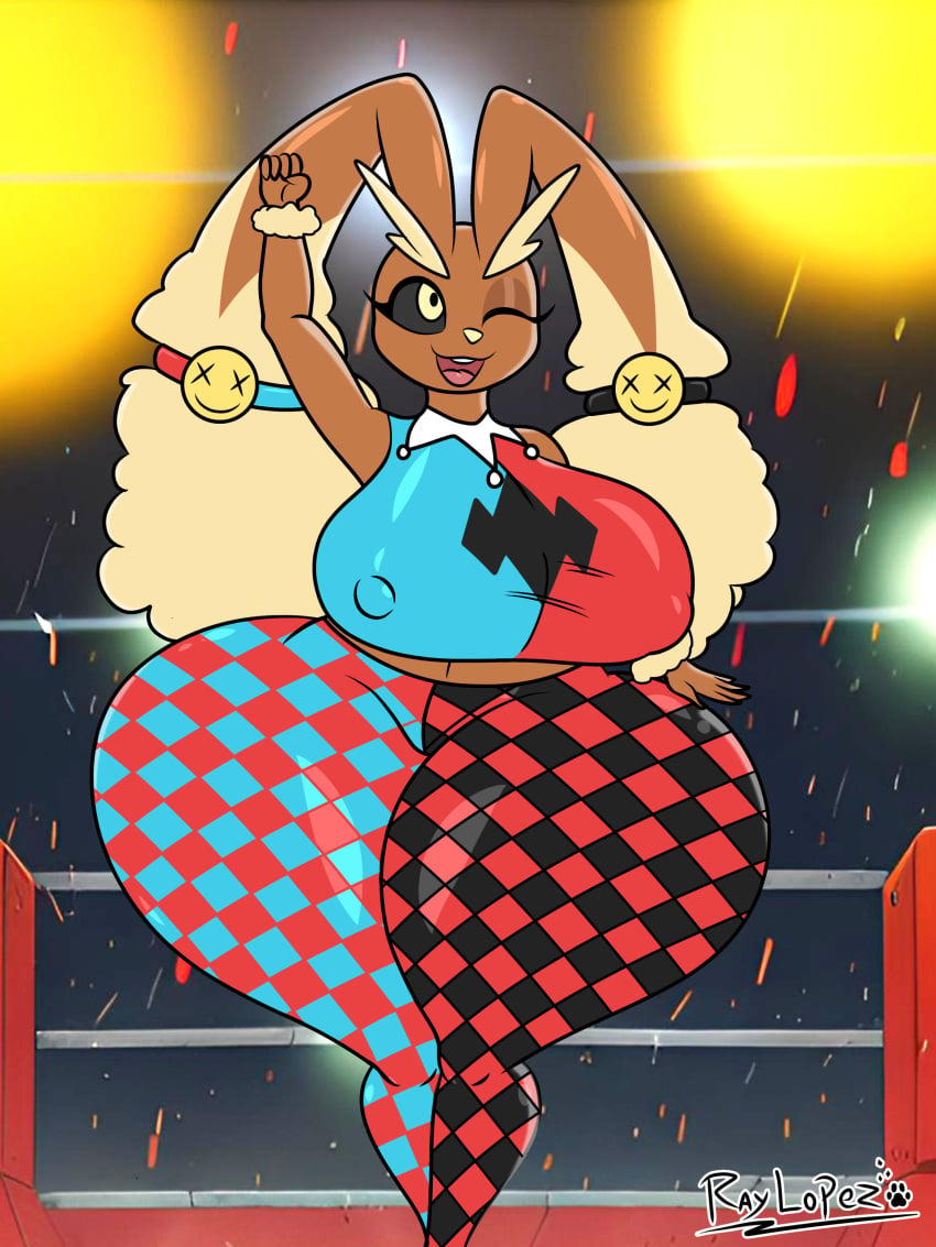 2025 :d ;d anthro anthro_only background big_breasts black_sclera brown_fur celebration digital_drawing_(artwork) digital_media_(artwork) eyeshadow furry furry_ears generation_4_pokemon harley_quinn_(cosplay) high_resolution highres huge_breasts huge_thighs lights looking_up lopunny nintendo nipples_visible_through_clothing no_humans outfit pokemon pokemon_(species) rabbit rabbit_ears rabbit_girl rabbit_humanoid raylopez tagme thick_thighs thighs thighs_bigger_than_head voluptuous voluptuous_female wide_hips wristbands yellow_eyes