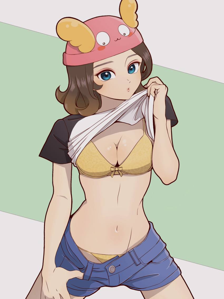 1girls 2d blue_eyes bra brown_hair cleavage clothed_female_nude_male epic_games female female_only female_torso fortnite fortnite:_battle_royale hat light-skinned_female light_skin panties pulling_down_pants revealing_breasts shirt_lift simple_background skye_(fortnite) solo solo_female tagme tagme_(artist)