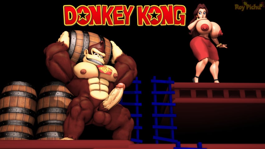 1boy 1girls 3d 3d_(artwork) abs anthro ape balls barrel big_breasts black_background breasts breasts_out brown_fur brown_hair carrying_object clothing donkey_kong donkey_kong_(arcade) donkey_kong_(series) dr.ivopingasnik enormous_breasts erection female furry furry_male gigantic_breasts gorilla grin huge_breasts human human_female kong large_breasts light-skinned_female light_skin looking_at_viewer male male/female mammal mario_(series) muscular muscular_anthro muscular_male muscules necktie nintendo nipples pauline penis primate red_pants smiling testicles voluptuous voluptuous_female